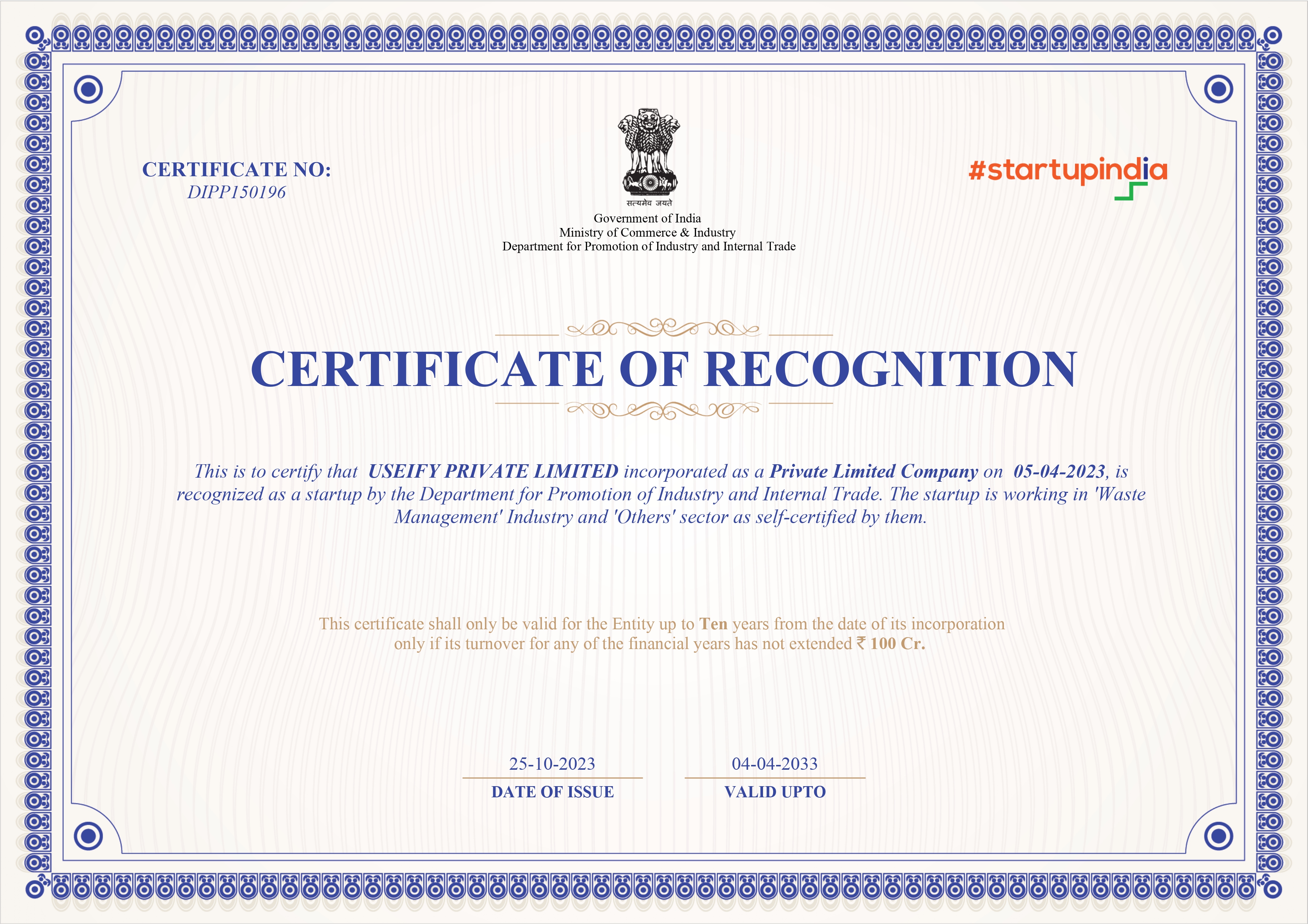 Startup India Recognized Useify
